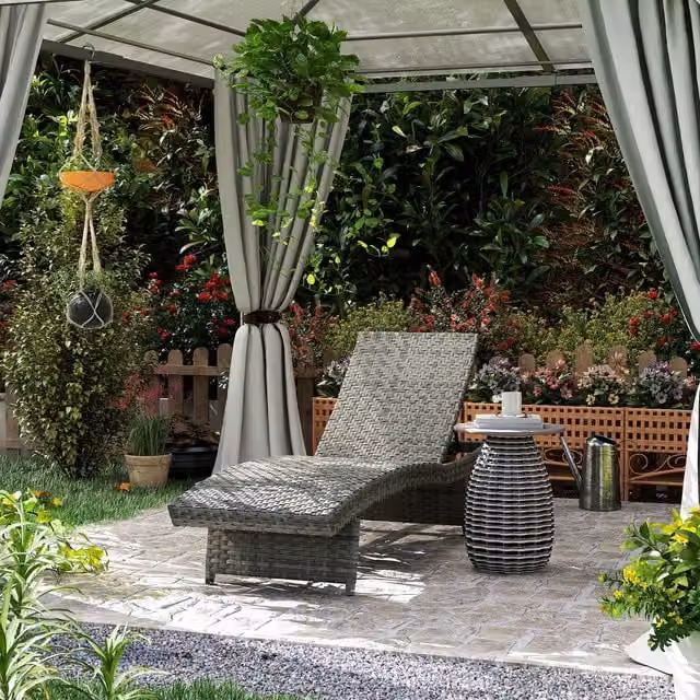 Outsunny Folding PE Rattan Sun Lounger in Grey with Ergonomic Curve and Multi-Position Glide