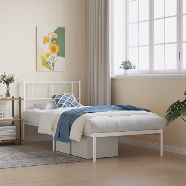Berkfield Home Metal Bed Frame with Headboard in White, W/D/H: 90 x 200 cm