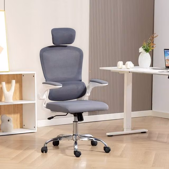 HOMCOM High Back Mesh Task Chair with Headrest and Armrests in Grey – 1