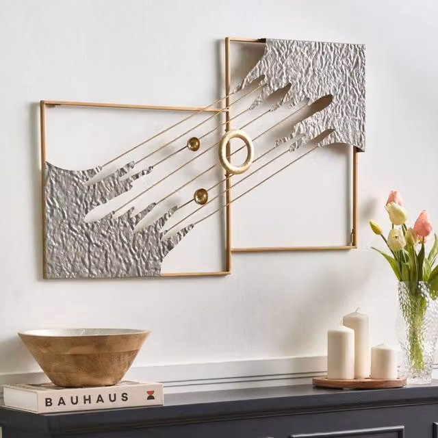 Wyld and Coco Atlas and Co Modern Metal Wall Sculpture in Grey and Gold Abstract Geometric Design – 1