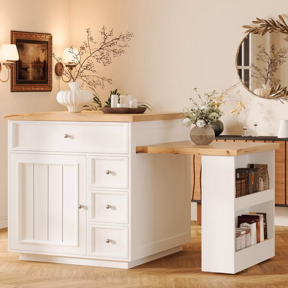 BTM Extendable Kitchen Island with Drawers and Rolling Storage Cart in White – 2