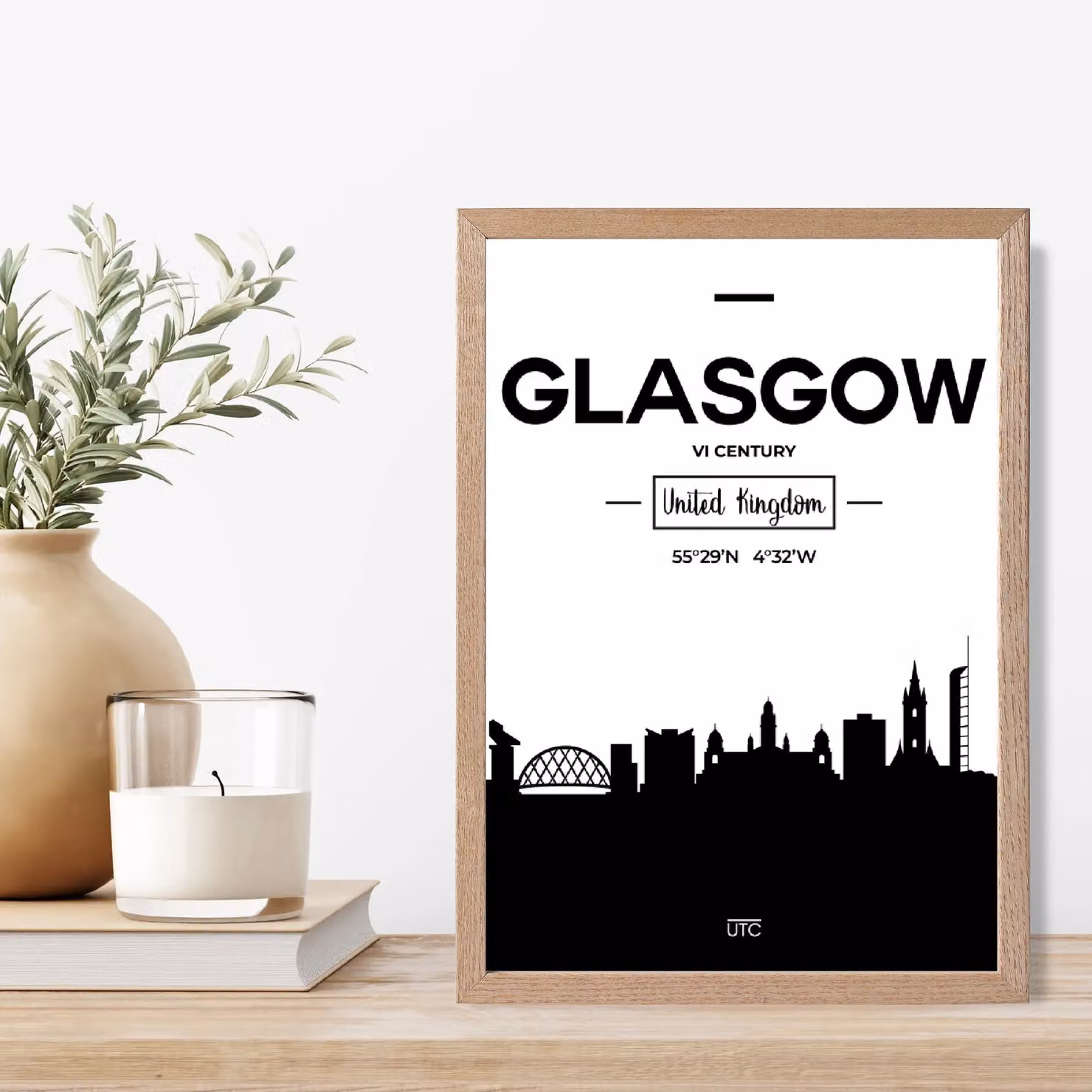 ARTZE Glasgow Black and White City Skyline Framed Print with Oak Frame – 2