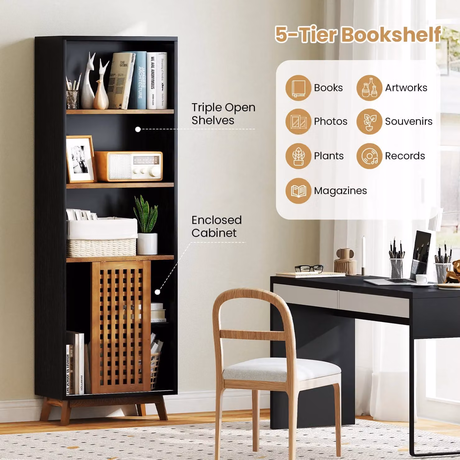 Costway 5-Tier Bookshelf with Reversible Adjustable Shelves in Brown – 6
