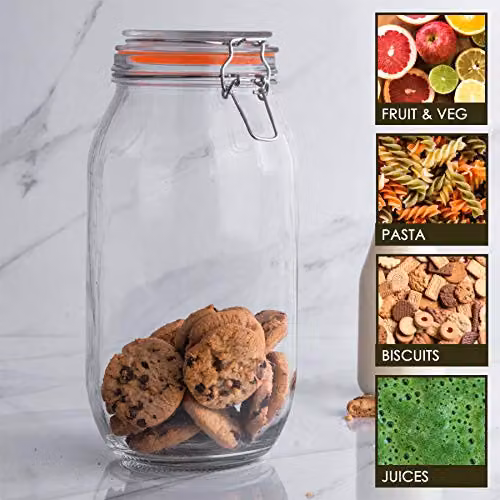 Argon Tableware Set of 6 Transparent Glass Storage Jars with Airtight Metal Clip Lids and Silicone Seals, 2L – 2
