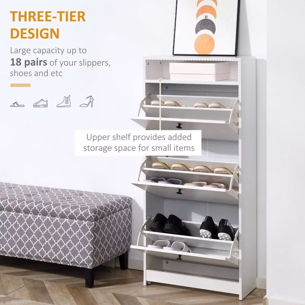 Wyld Haus Kero Vemo Slim White Shoe Cabinet with 3 Tilting Compartments and Top Shelf, H: 132 cm, W: 60 cm, D: 24 cm – 3