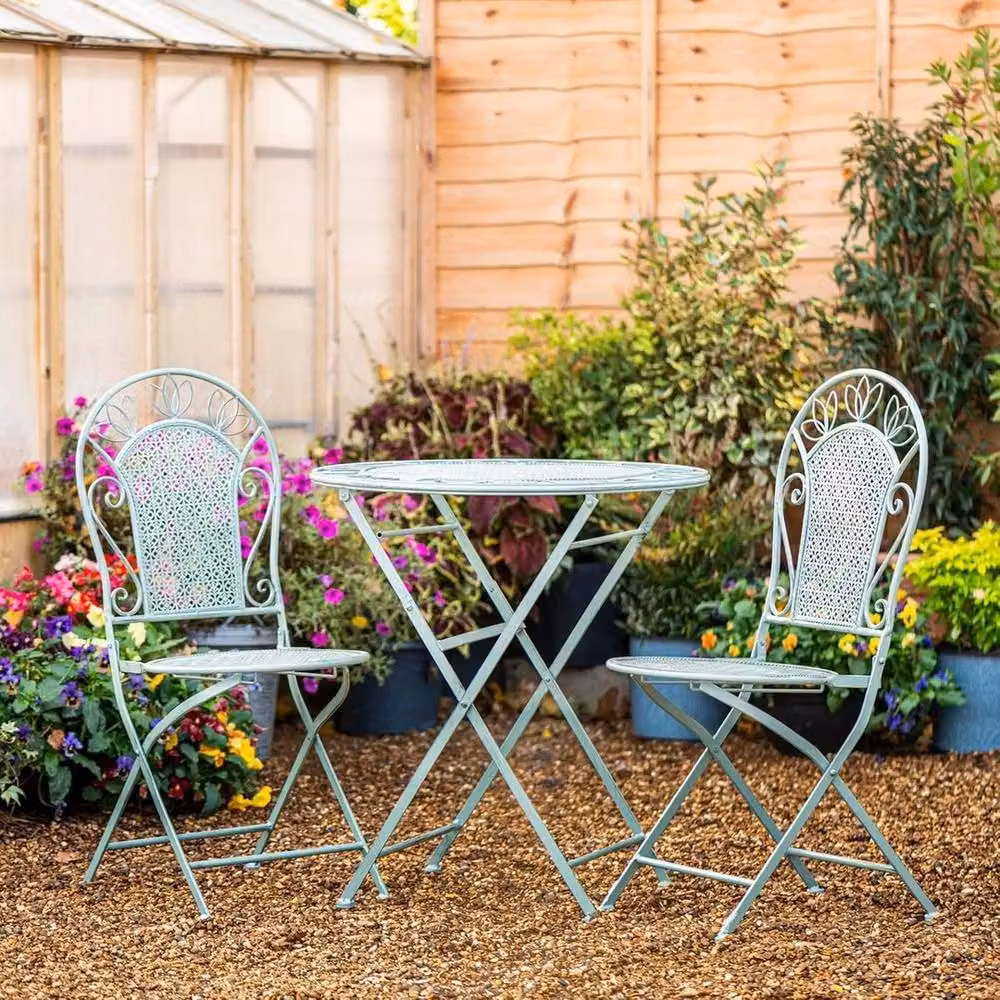 FLAVORA Dorset Wrought Iron Victorian 2-Seater Foldable Garden Bistro Set in Pale Green – 5