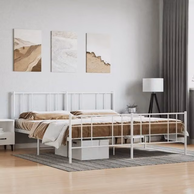 Berkfield Home Metal Bed Frame with Headboard and Footboard in White, W: 183 cm, L: 213 cm