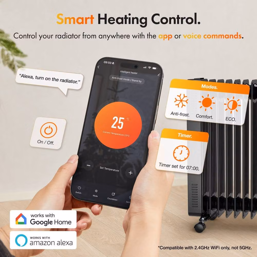VonHaus 2500W Oil Filled Radiator with WiFi and App Control in Black – 3