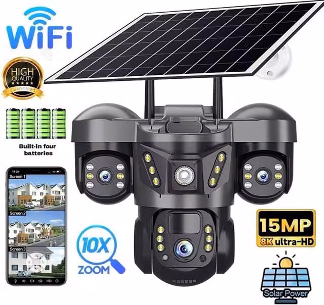 NESTLUNE 15MP 3 Lens Solar WiFi PTZ Security Camera with 10X Zoom, Black – 1
