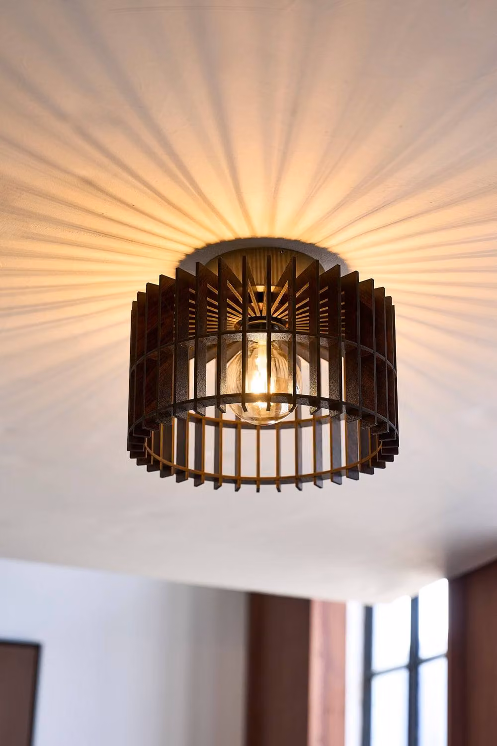 Industville Rift Slatted Wooden Drum Semi Flush Mount Ceiling Light in Gold and Brown – 2