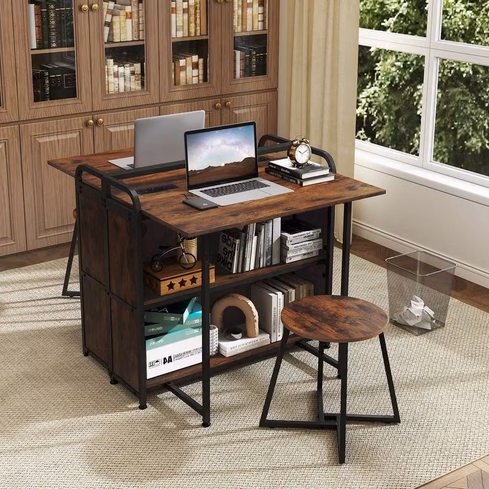 Costway Folding Computer Desk Set with Stool and AC Outlets, Brown – 6