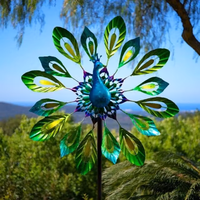 Primrose Metal Peacock Head and Tail Feather Design Wind Spinner in Multicolour