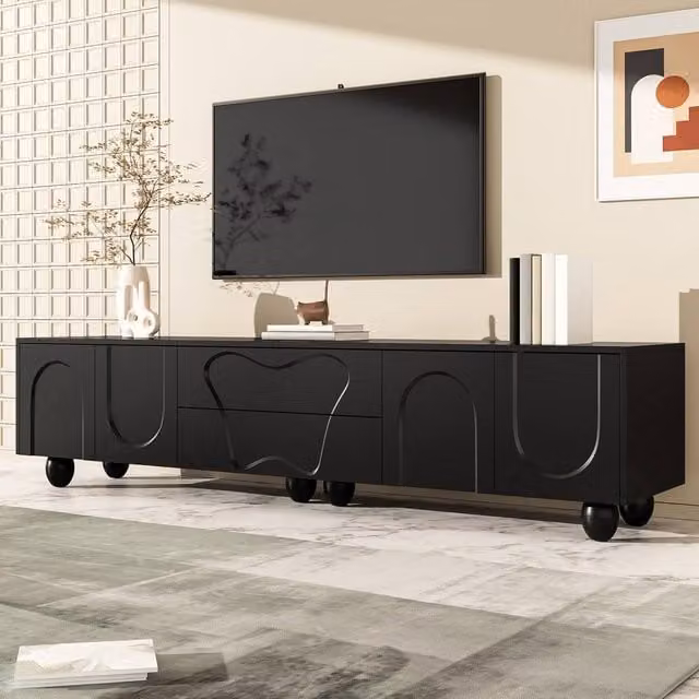 Merax Modern Black TV Lowboard with Curved Doors, Drawers and Solid Wood Legs, W: 180 cm, D: 40 cm, H: 42 cm
