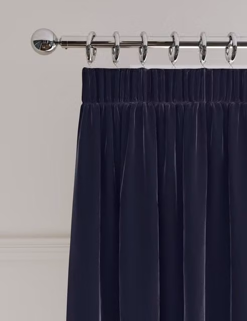 M&S Navy Blue Velvet Thermal Insulating Pencil Pleat Curtains, Height: 229 cm, Width: 275 cm