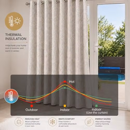 MHG Living Floral Jacquard Eyelet Curtains, Beige, 100% Cotton, Thermal Insulated and Room Darkening, 2 Panels – 3
