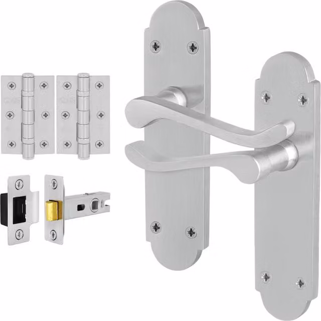 AFIT Satin Chrome Door Handle Latch Set with Silver Hinges, W/D/H: 15.0 x 15.0 x 15.0 cm – 1