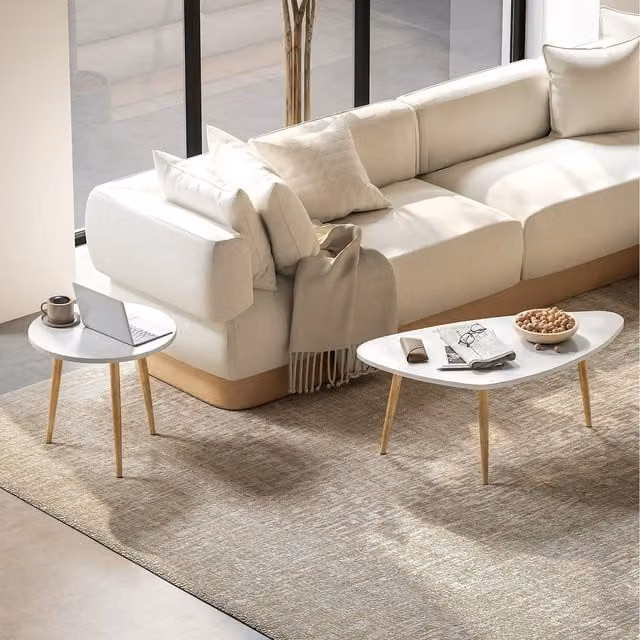 HOMCOM Nesting Coffee Table Set of 2 in White, Gold and Brown with Oval MDF Tops and Metal Legs