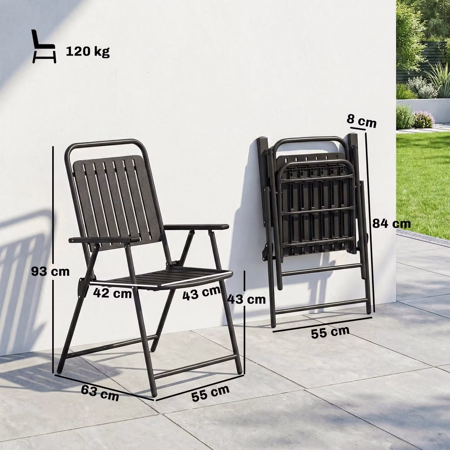 Outsunny Set of 4 Black Folding Garden Dining Chairs with Armrests and Plastic Slatted Seats – 3