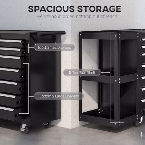 HOMCOM 7 Drawer Lockable Steel Tool Chest on Wheels, Black, W/D/H: 120 x 40 x 66 cm – 4