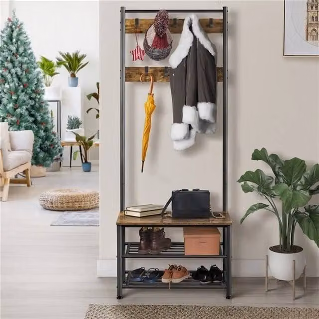EONLION Industrial Hall Tree with 3-Tier Shoe Bench and Coat Rack in Brown