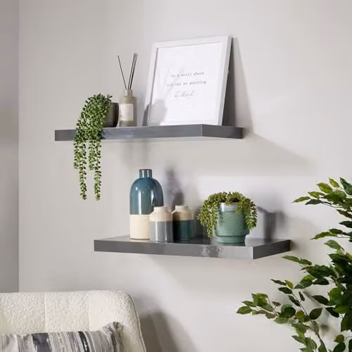 Home Source Pair of 2 Grey Glossy Floating Wall Mounted Wooden Storage Shelves, W: 60 cm, D: 38 cm, H: 23.5 cm