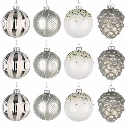 Shatchi 12-Piece Set of Glass Christmas Bauble Hanging Ornaments in Silver and White, Diameter: 8 cm