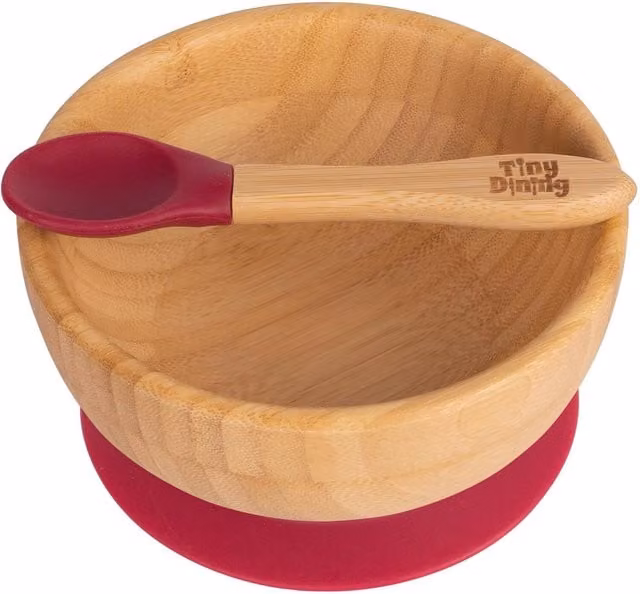Tiny Dining Childrens Red Bamboo Suction Cereal Bowl and Ergonomic Cutlery Set