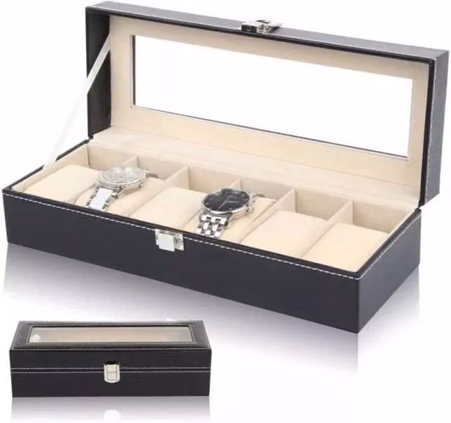 NESTLUNE 6-Grid PU Leather Watch Box for Women's Watch Collection in Black – 1