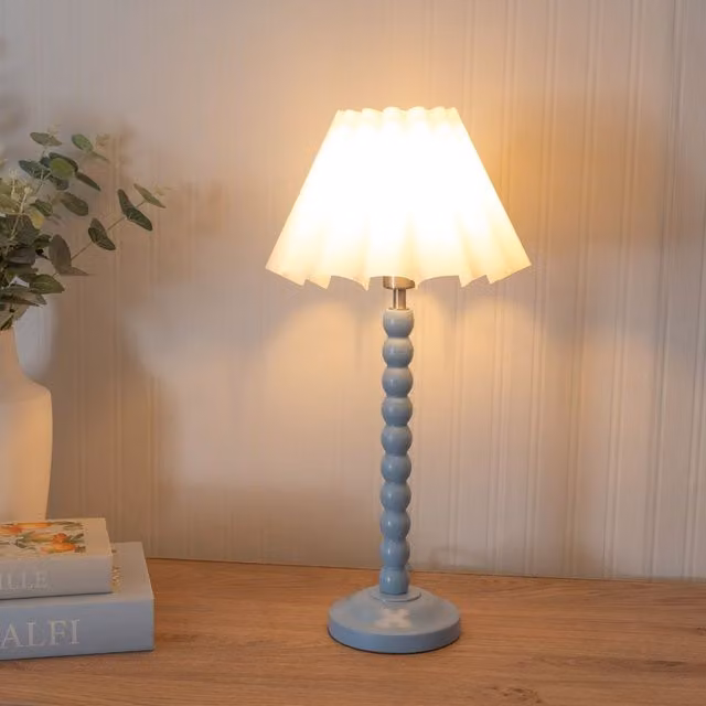ValueLights Bobbins Powder Blue Table Lamp with Scallop Tapered Fabric Shade and LED Bulb