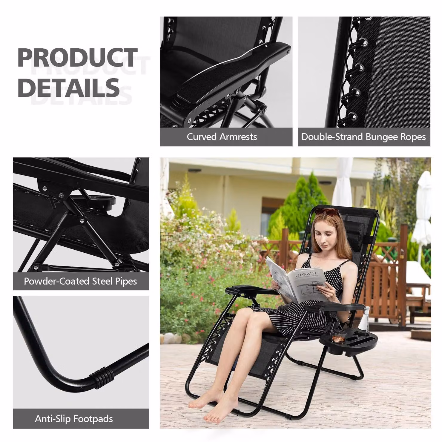 Costway Set of 2 Black Folding Zero Gravity Outdoor Patio Recliners with Adjustable Headrests and Side Trays – 5