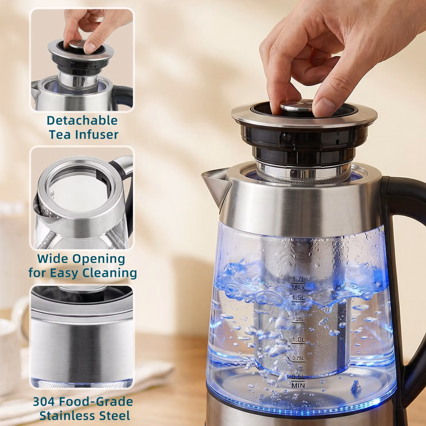 HOMCOM Transparent Glass and Stainless Steel Electric Tea Kettle with Sieve and Keep Warm Function, 1.7 l – 3