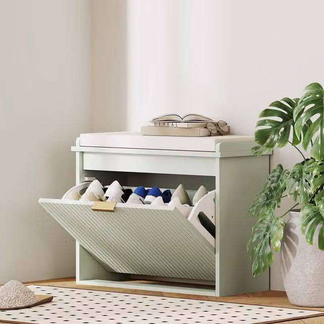 HOMCOM Shoe Storage Bench with Cushion and Flip-Drawer, Green, W: 62 cm, D: 26 cm, H: 47.5 cm