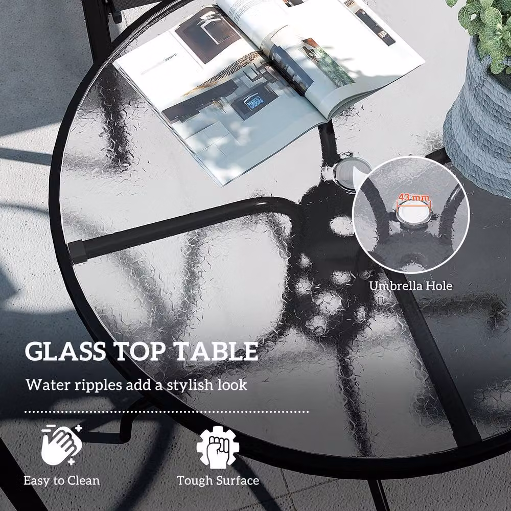 STILVORA Modern Round Garden Dining Set with Matt Black Powder Coated Steel Frame and Glass Table – 5