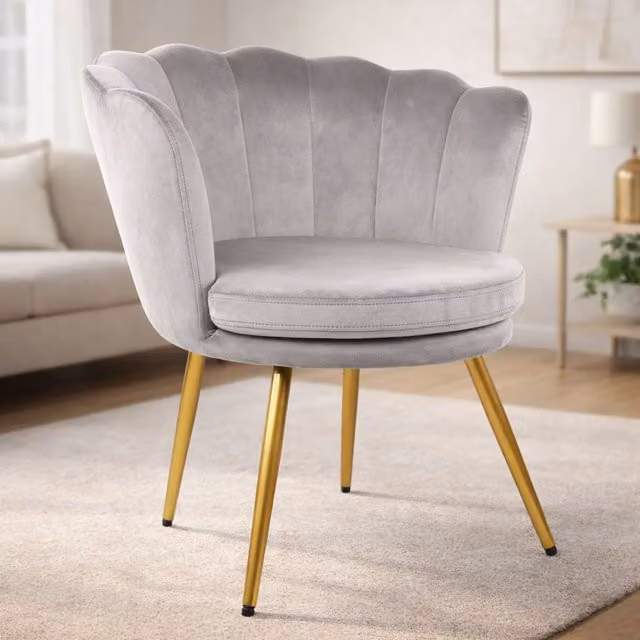 Genesis Flora Velvet Accent Chair with Petal Back and Armrests in Light Grey