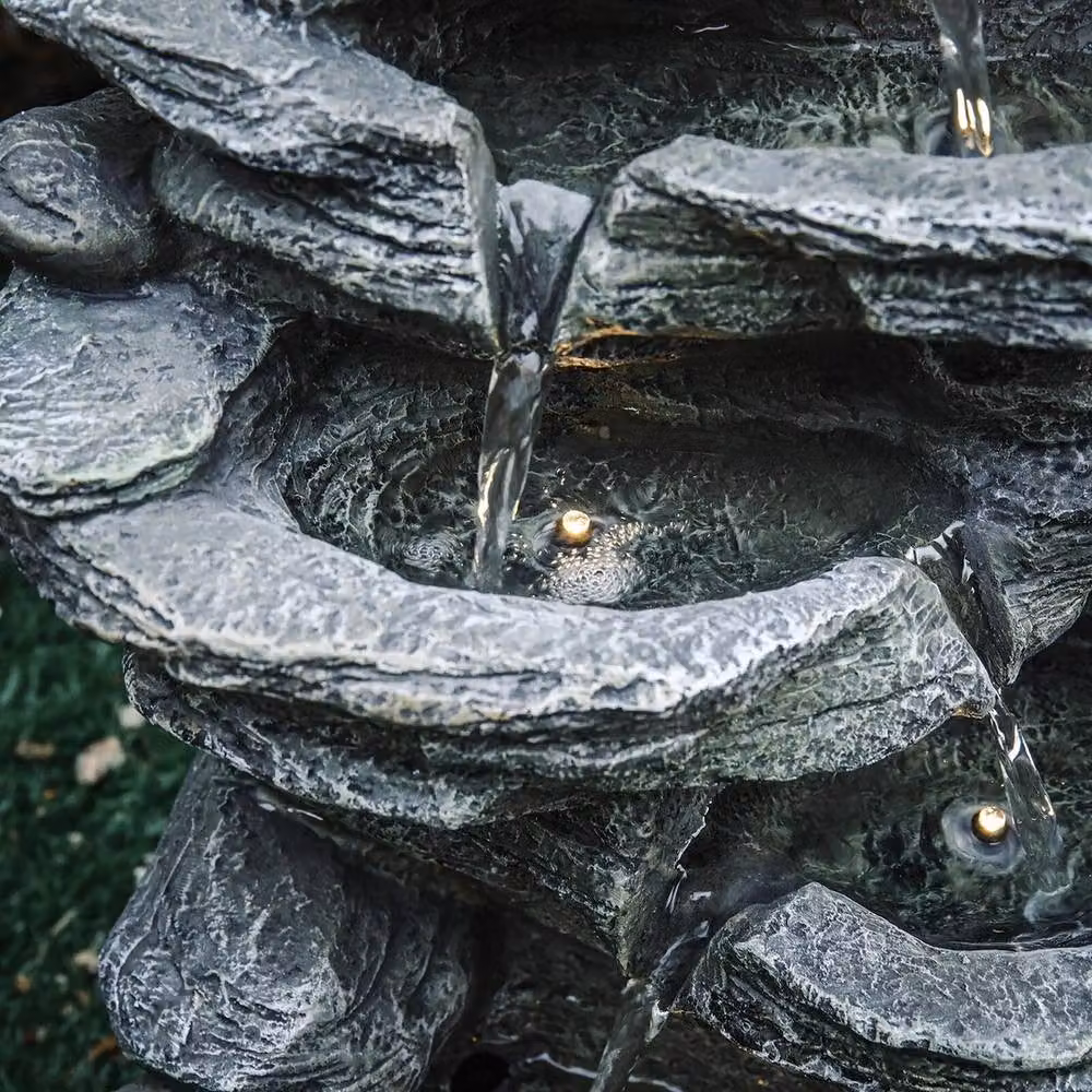 EONLION Grey Stone Polyresin Freestanding Fountain Water Feature with LED Lights, Width: 100 cm – 3