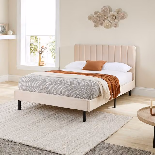Aspire Modern Upholstered Bed in Beige and Yellow Velvet Fabric, W/D/H: 140 x 200 cm