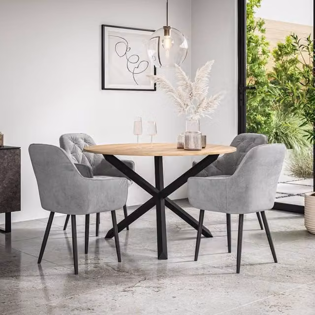 More4Homes Malvern Round Dining Table and Anika Grey Velvet Chair Set, Oak Top with Black Legs, Diameter: 120 cm, Height: 75 cm – 1