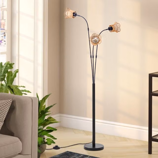 Livingandhome Modern 3-Light Flower Shade Floor Lamp in Black