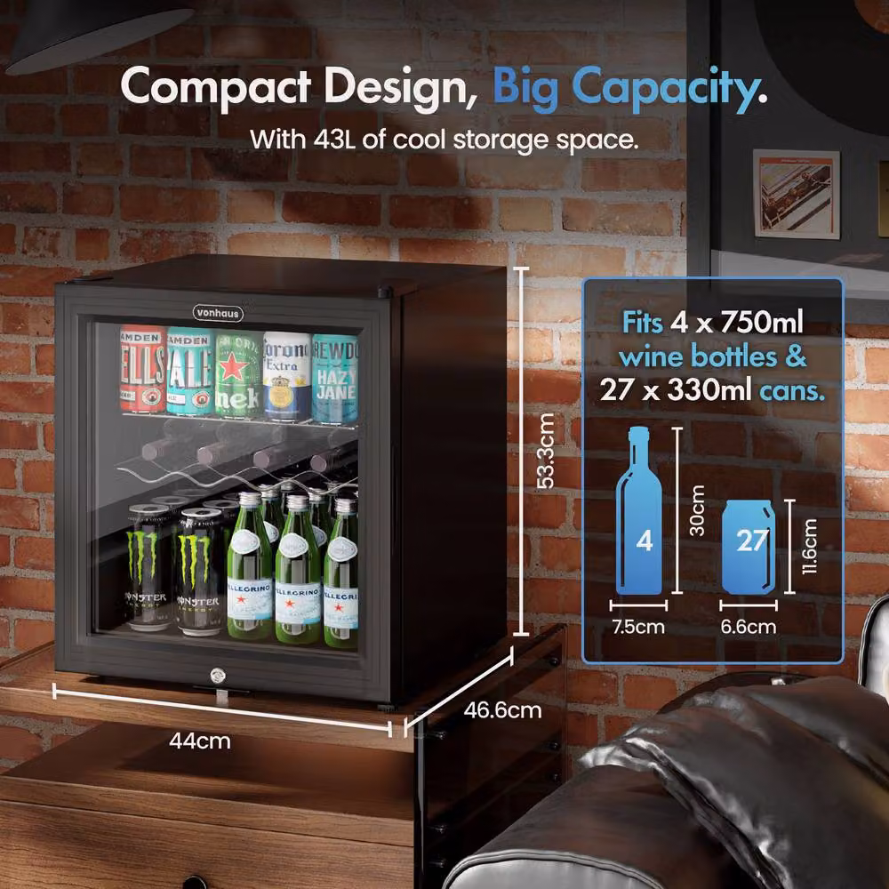 VonHaus 50L Mini Compressor Drinks Fridge in Black with LED Interior Light and Bottle Rack – 2
