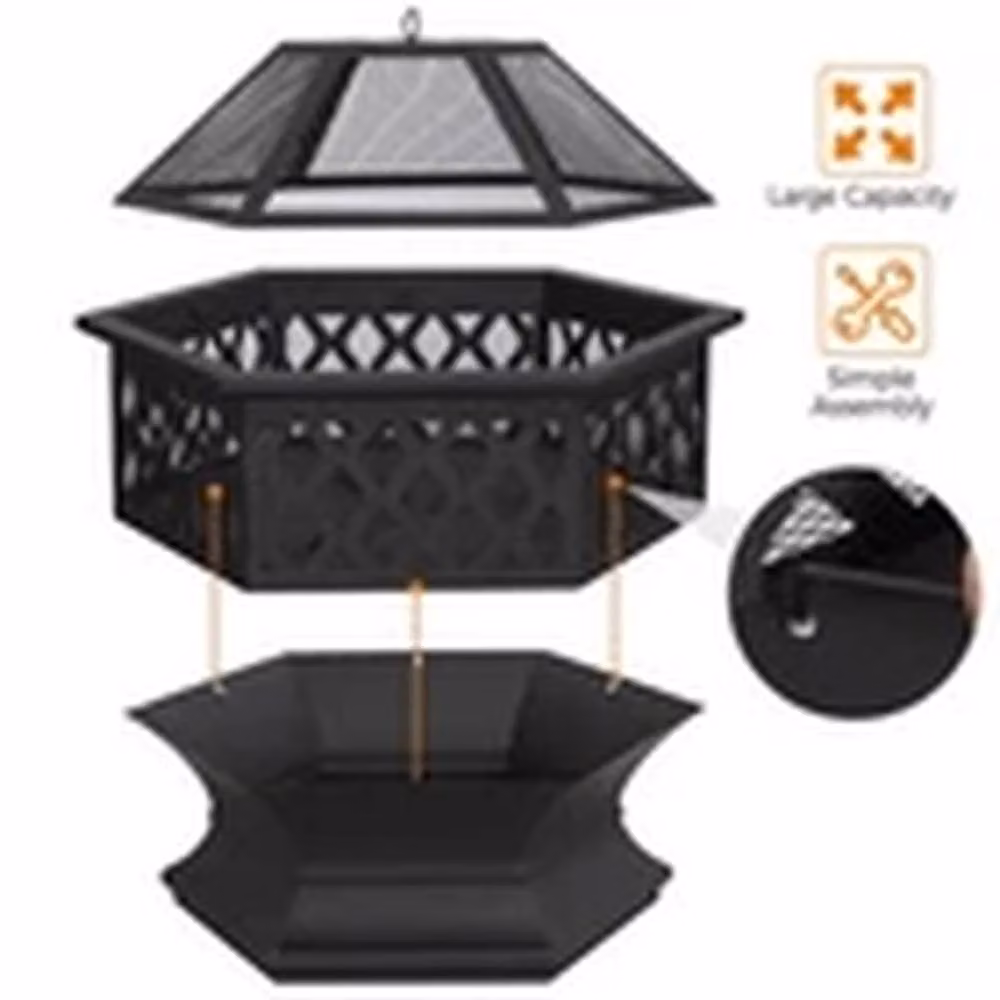EONLION Black Hexagon Metal Outdoor Fire Pit Bowl with Cover and Poker, Diameter: 61 cm – 4