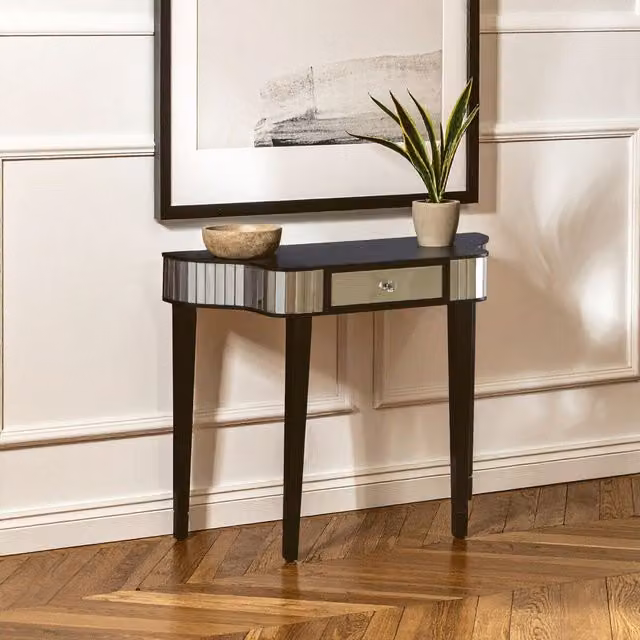Orsina Glamorous Black and Gold Rectangular Console Table with Glass Top
