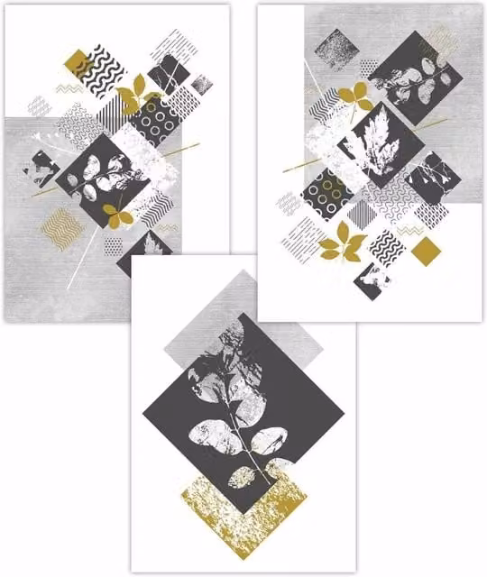 ARTZE Set of 3 Boho Abstract Floral Graphic Paper Posters in Yellow and Grey, W: 50 cm, H: 70 cm