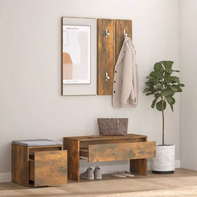 Berkfield Home Hallway Furniture Set in Smoked Oak Brown with Bench, Mirror and Panel
