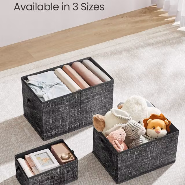 SONGMICS Set of 3 Collapsible Fabric Storage Boxes with Handles and Label Holders, Black