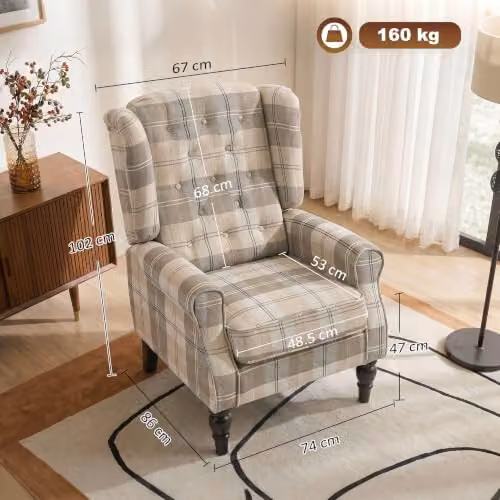 HOMCOM Retro Wingback Accent Chair in Beige Checked Fabric with Solid Wood Frame, W/D/H: 74.0 x 102.0 x 86.0 cm – 2