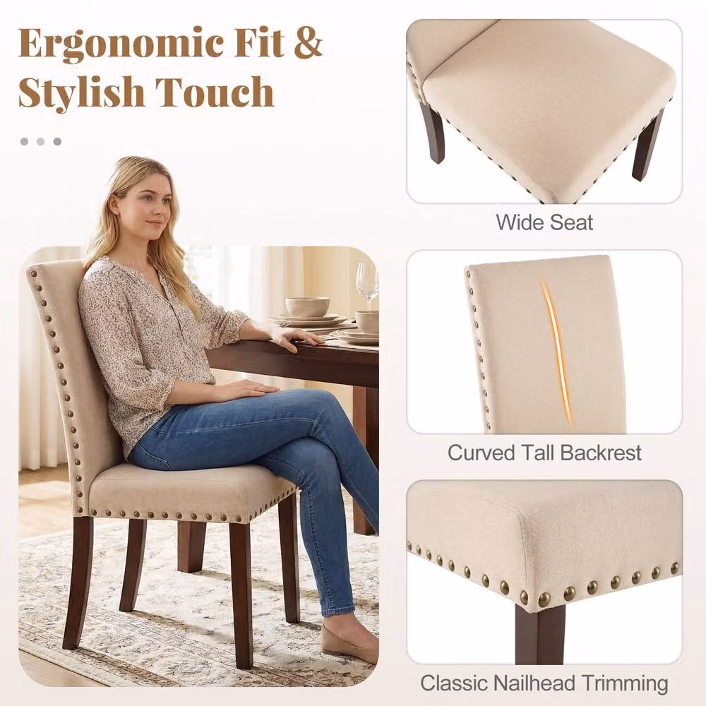 Costway Set of 2 Upholstered High Back Dining Chairs in Beige – 7