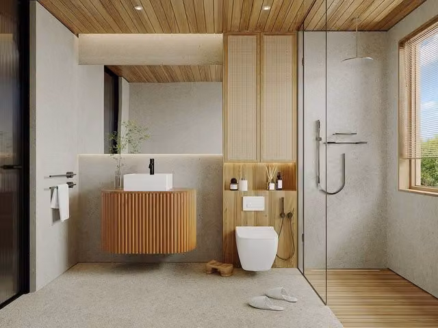 Vente-unique TOWARI Hanging Teak Bathroom Cabinet with Square Basin in Light Oak, Width: 90 cm