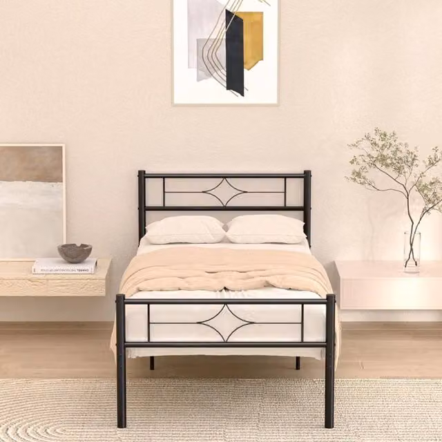 VOGREX Metal Iron Bed Frame and Mattress Foundation with Underbed Storage in Black, 90 x 190 cm