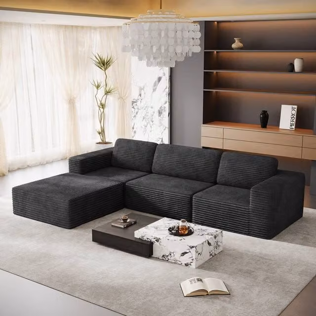 Dprodo Black Corduroy Modular L-Shape Sofa with Matching Ottoman and Removable Covers