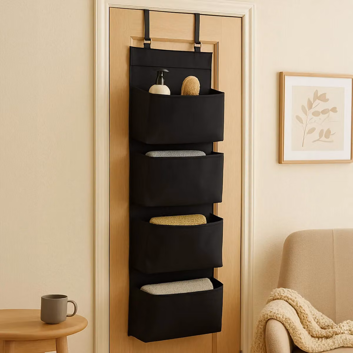 Orsina Grey Polyester Over Door Hanging Organiser with 4 Fabric Pockets and Metal Hooks